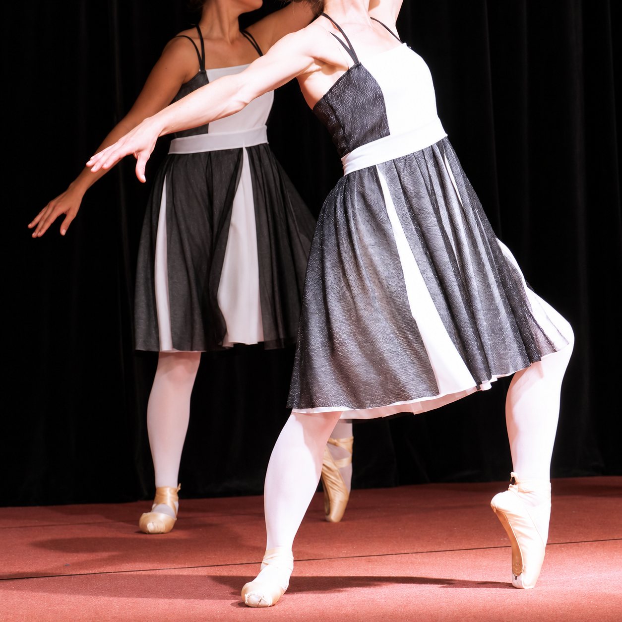 Deux danseuses classiques en pointes et robes noires et blanches en dentelle posent gracieusement sur une scène devant un rideau sombre.