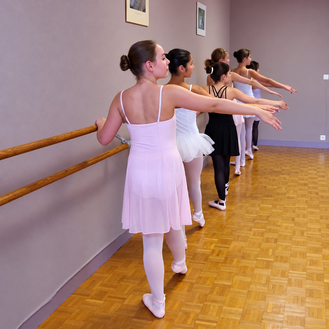 Plusieurs jeunes filles en tenue de danse rose, blanche et noire s'exercent à la barre, un bras tendu, dans une salle au parquet clair.
