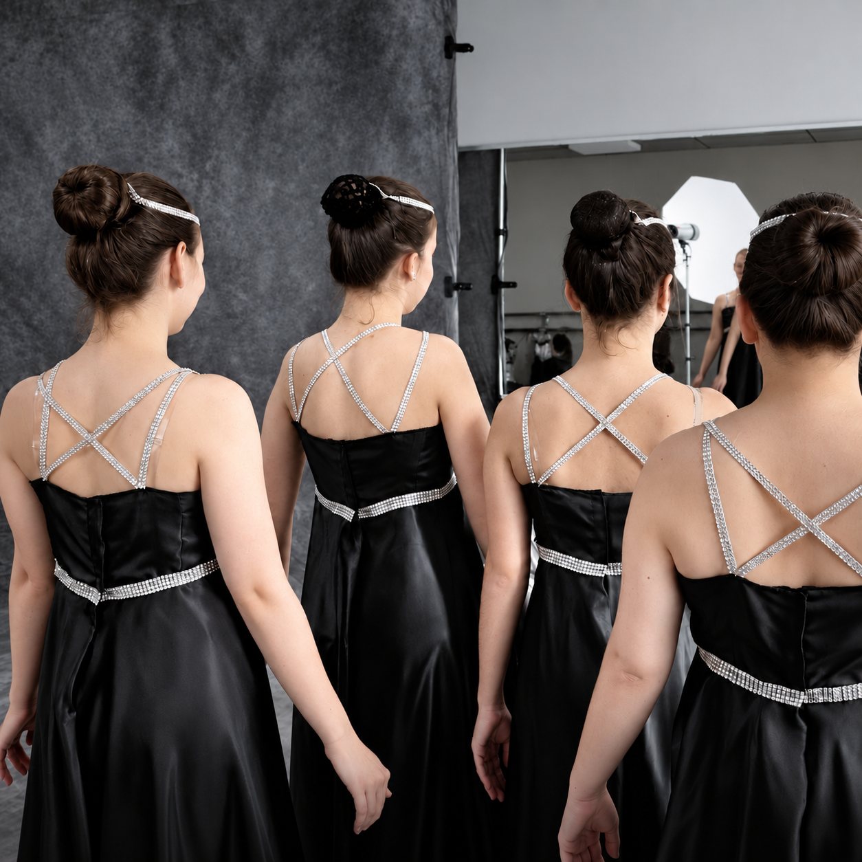 Photo en noir et blanc de quatre jeunes danseuses vues de dos, en robes sombres à bretelles croisées ornées de strass, chignon et bandeau dans un studio.